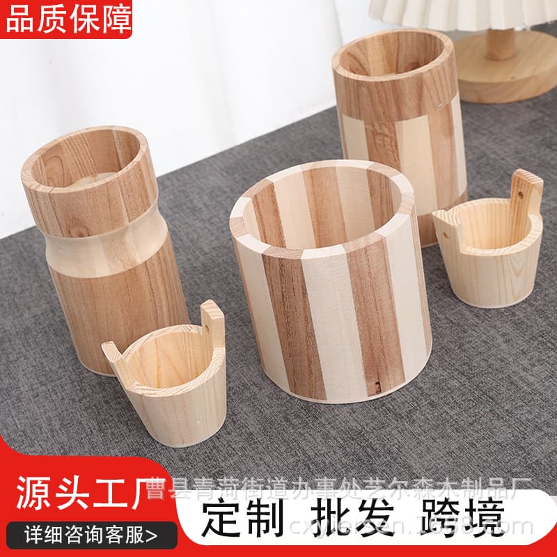 New Solid Wood Natural Color Small Wooden Bucket Home Storage Toy Organizer Bucket