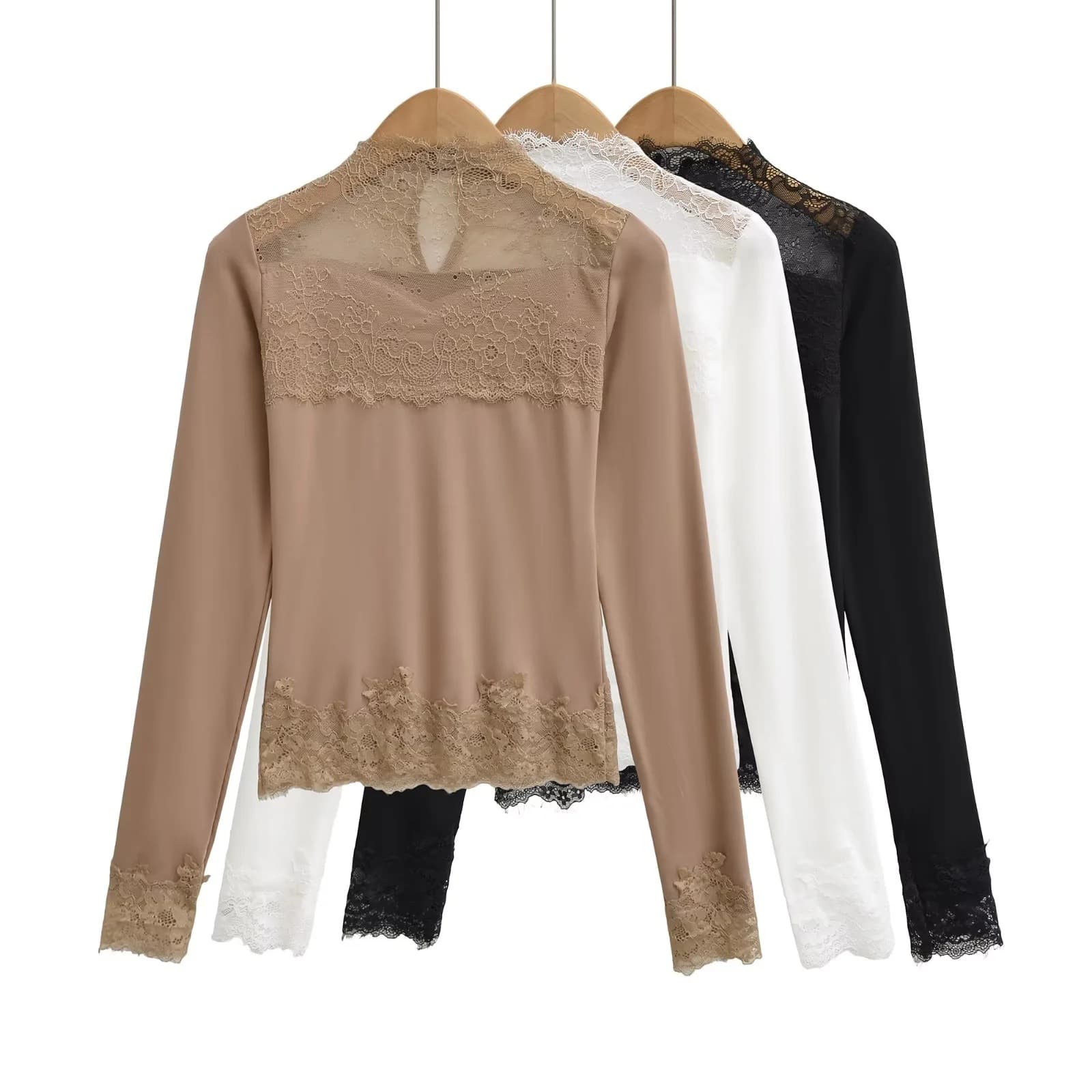 Sheer Elegance Half High Neck Hollow Lace Patchwork T-Shirt for Women, Spring/Autumn Designer Slim Fit Long Sleeve Base Top