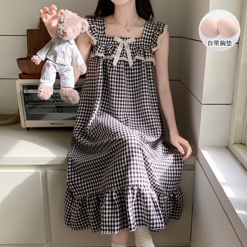 2024 New Plaid Nightgown Women Summer Camisole Sexy Lace Trim Dress Thin Style Ladies Homewear