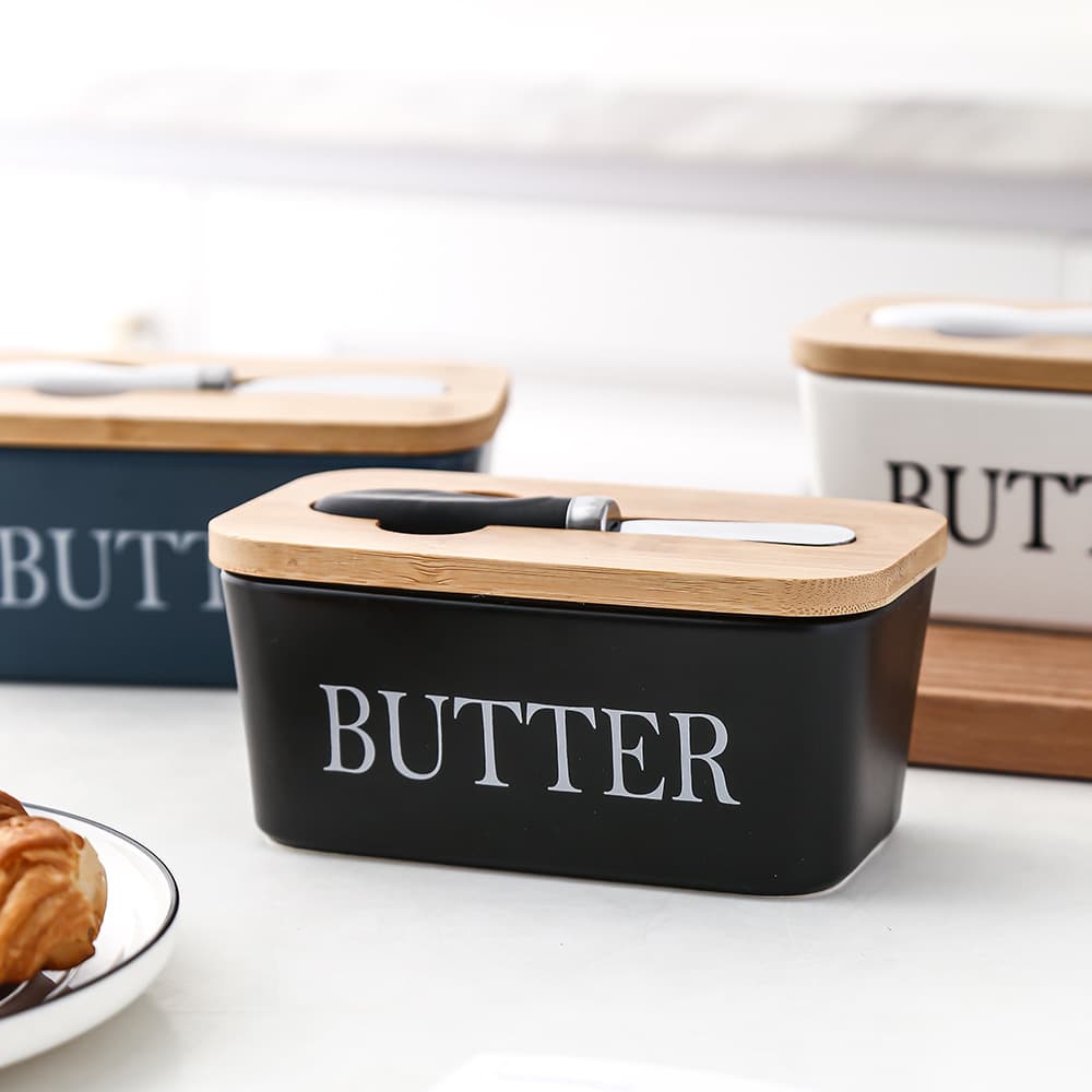 Rectangular ceramic butter box, cross-border dropshipping, restaurant airtight storage box, Western-style cheese box with knife, butter box.