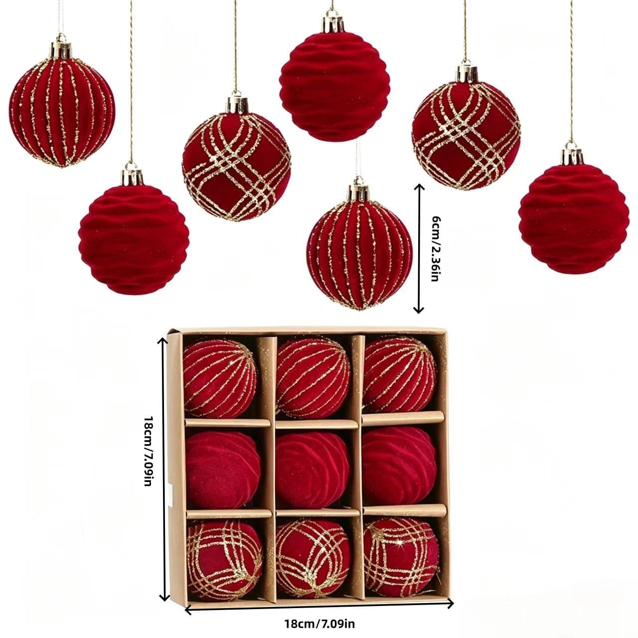 New Flocked 6cm 9pcs Christmas Ball Set Christmas Decoration Ornament Hanging Flocked Christmas Balls