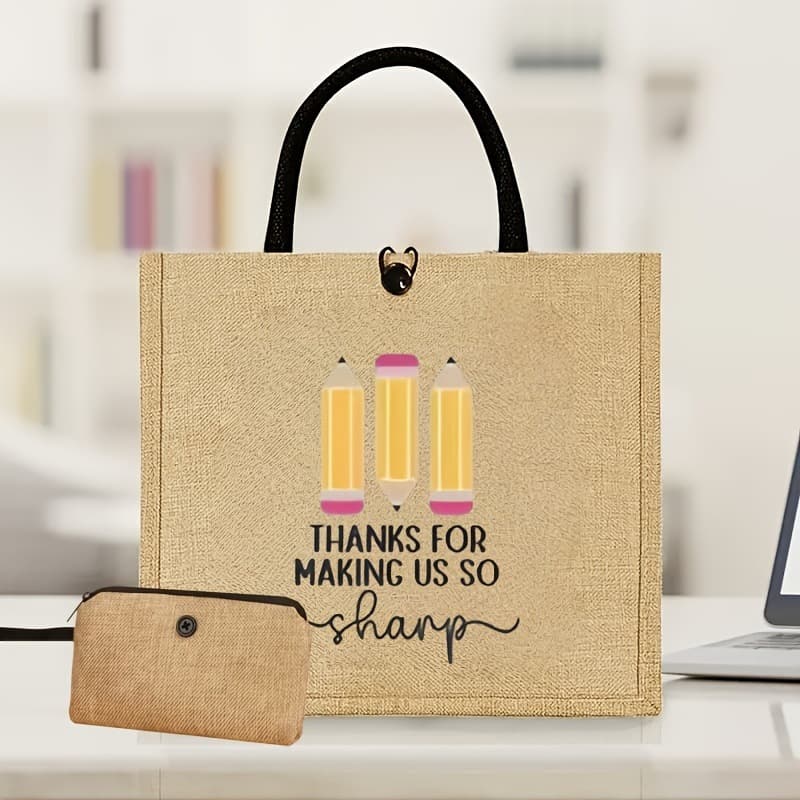Teacher Appreciation Linen Tote Bag 2-Piece Set, Large Capacity Pencil Print Linen Bag, Back-to-School Graduation