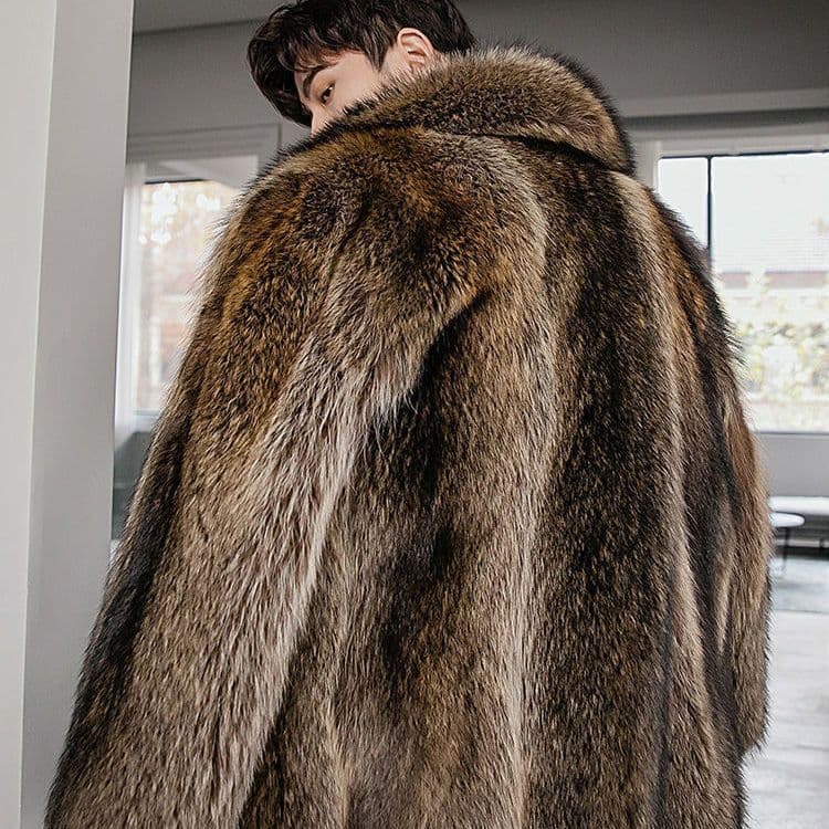 2026 Winter New Men's Faux Raccoon Fur Coat with Fur Collar, Wolf Fur Style, Mink Fur Mid-Length Overcoat