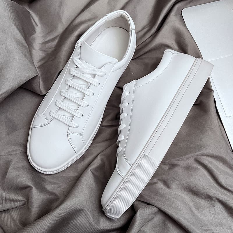 Spring Men's Genuine Leather Flat Bottom Casual Shoes Korean Style White Sneakers Versatile with Suit Leisure White Board Shoes