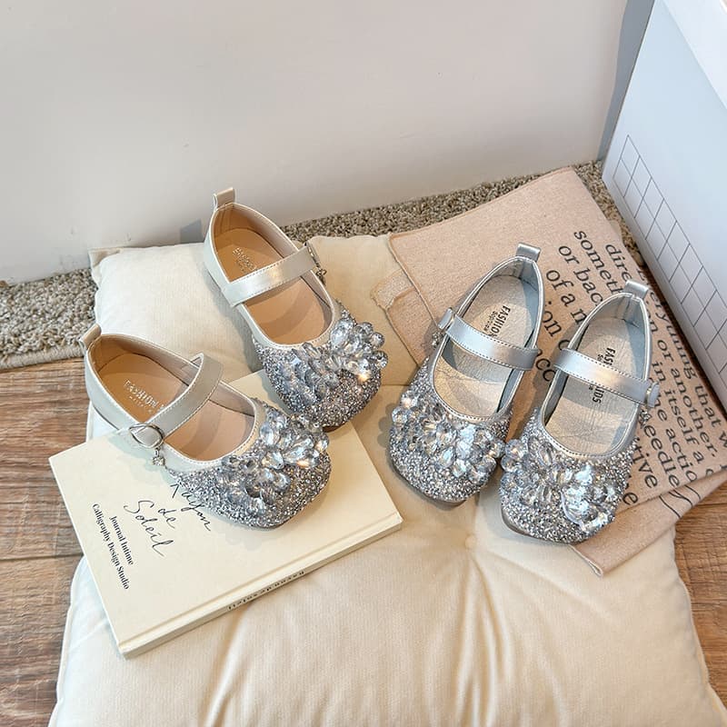 Girls' Leather Shoes, Spring New Style, Soft Sole Bow Flat Shoes, Little Girl Rhinestone Princess Shoes