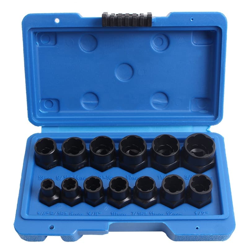 13-Piece Damaged and Rusted Nut, Bolt, Screw, and Tire Screw Extractor Set with Anti-Slip Sockets, Medium Drive