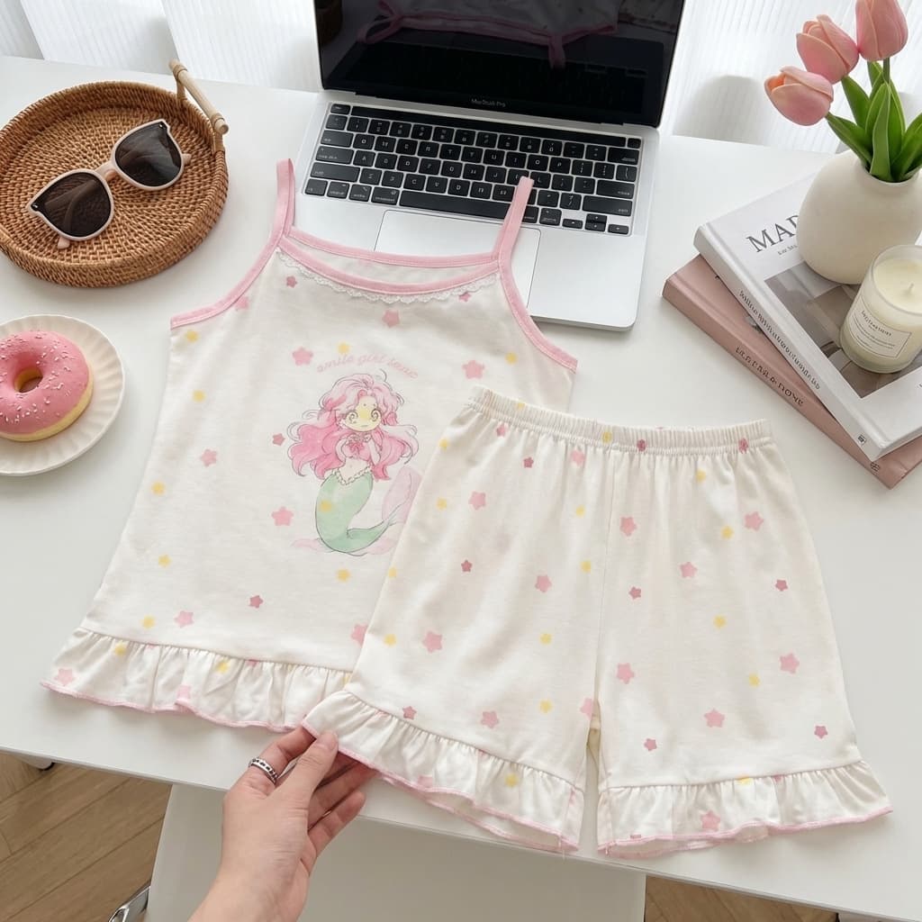 Girls' Summer Set New Lyocell Camisole Top with Stylish Shorts Two-Piece Set for Toddlers and Older Kids Air Conditioning Wear