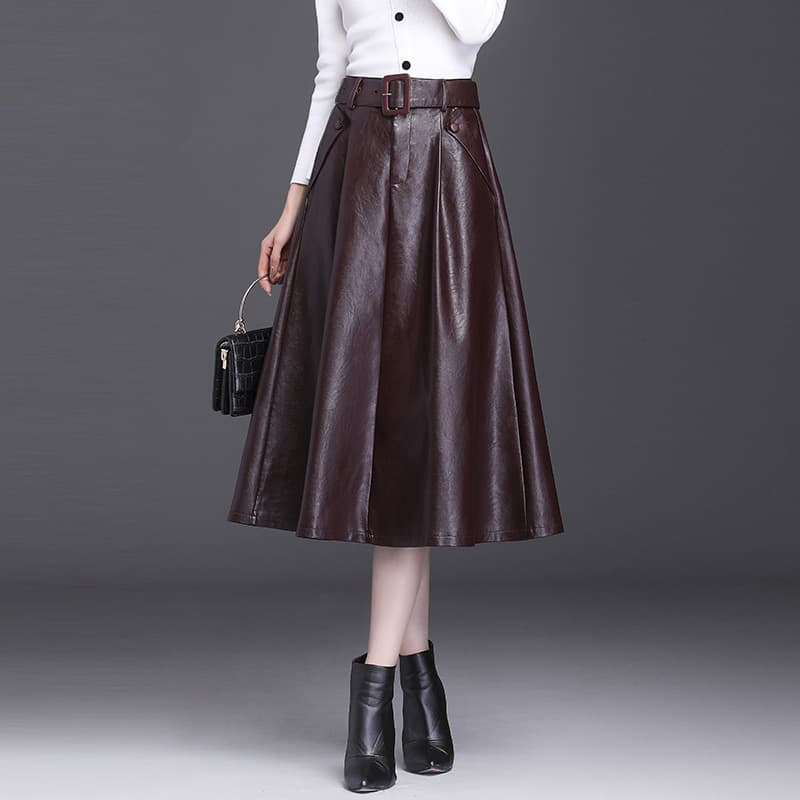 2025 New Autumn/Winter A-Line PU Leather Skirt Korean Style High-Waist Pleated Skirt Flared Midi Skirt Multi-Color Half Skirt