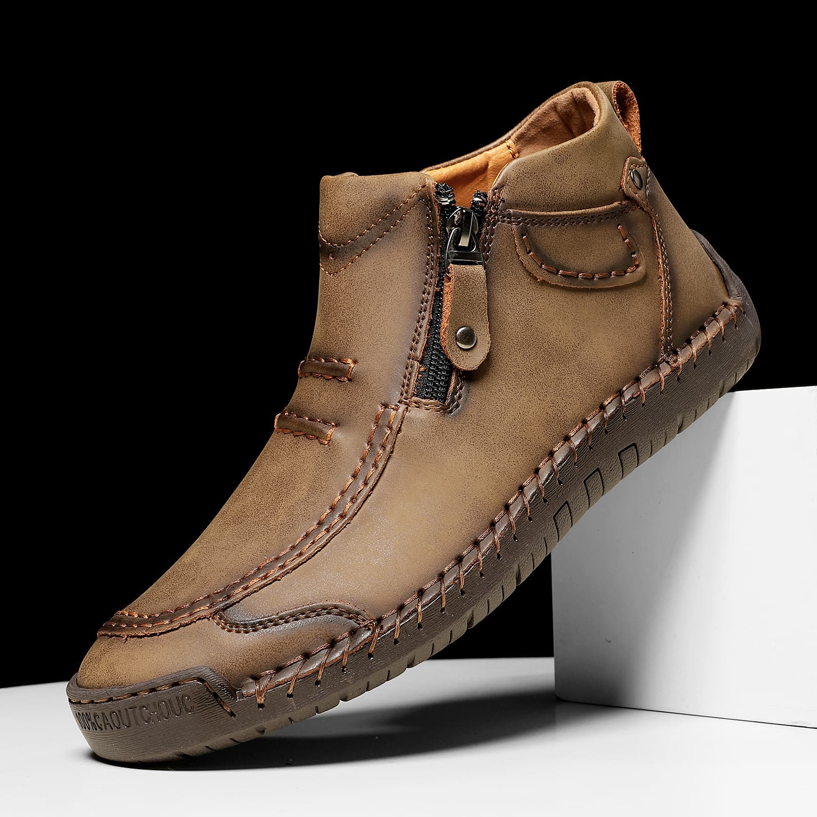 Cross-Border Popular Large Size Men's Shoes, Outdoor Casual Shoes, Slip-On Flat-Soled Hand-Stitched Shoes, Zipper Boots, Short Boots
