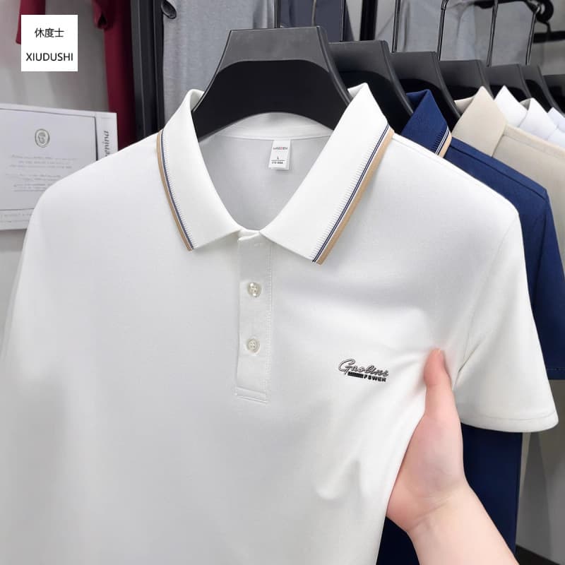 Factory Dropshipping Premium Short Sleeve Ice Silk T-Shirt Turn-Down Collar Summer Middle-Aged Men Casual Polo Shirt Short Sleeve T-Shirt Men