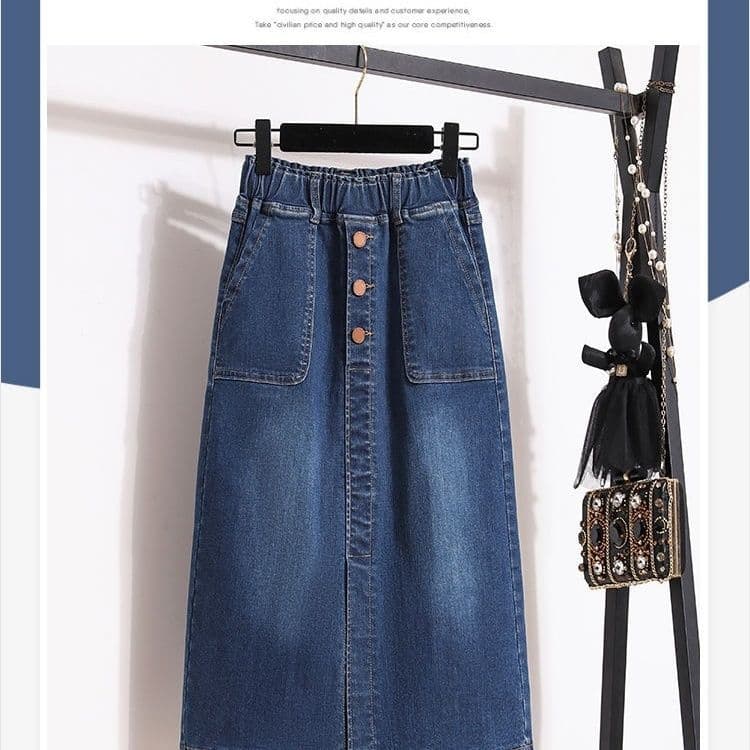 Spring New Elastic Waist Plus Size Stretchy Versatile Slimming Split Denim Skirt Midi Length for Women