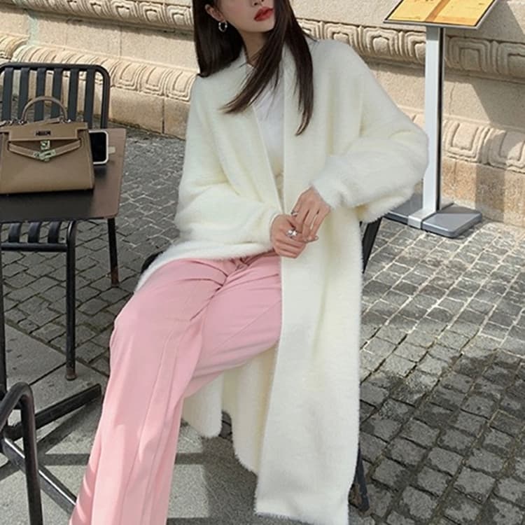 Faux mink velvet elegant long over-the-knee sweater cardigan for women autumn and winter New lazy style loose thick knitted coat