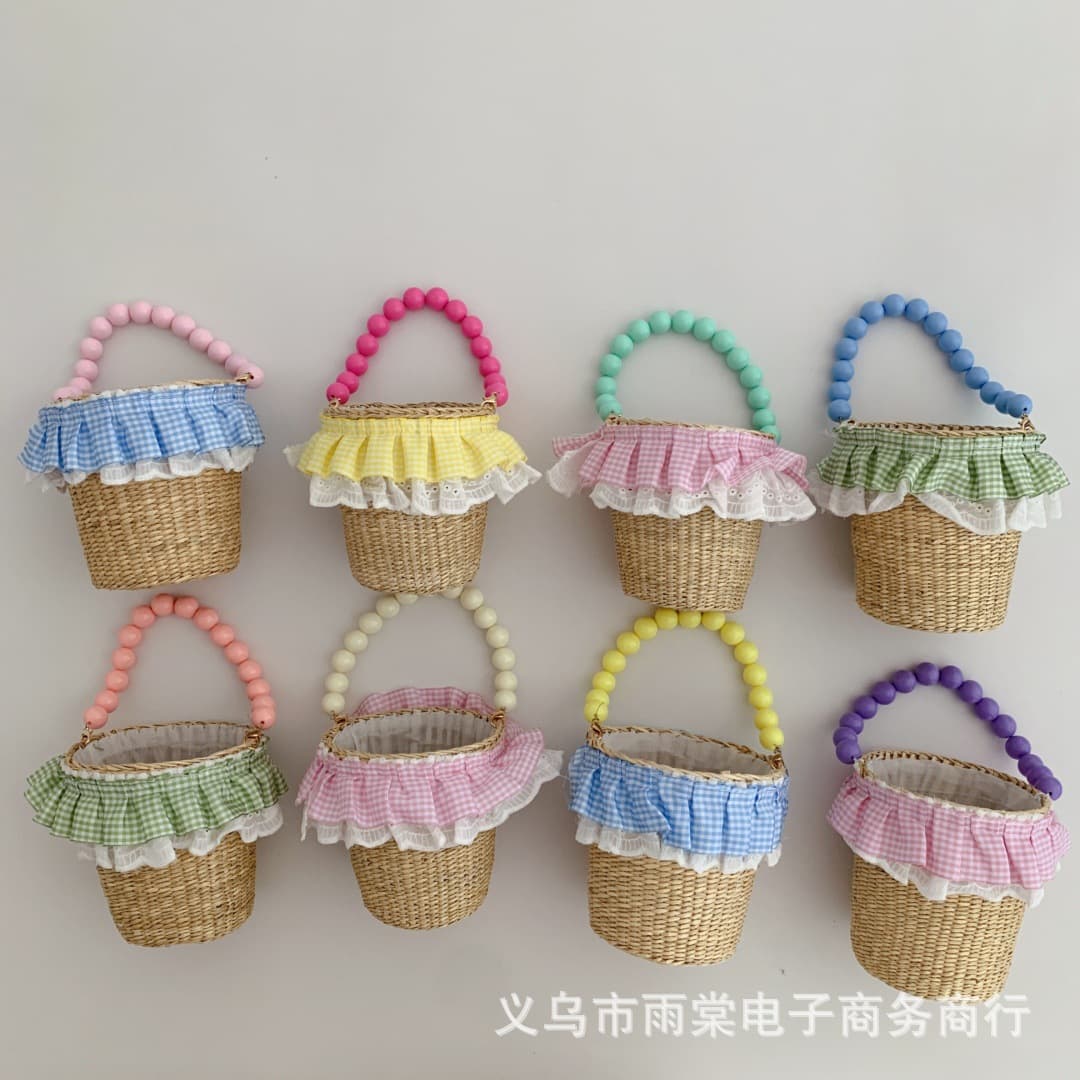 Kids' Handbag Stylish Colorful Bead Straw Bucket Bag for Girls Baby Plaid Trim Fashion Handbag