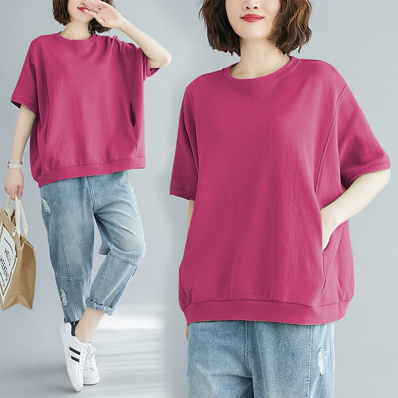 Plus Size Women's 200 Jin Summer Loose Belly Cover Slimming Top Solid Color Round Neck Short Sleeve T-Shirt Belly Cover Slimming