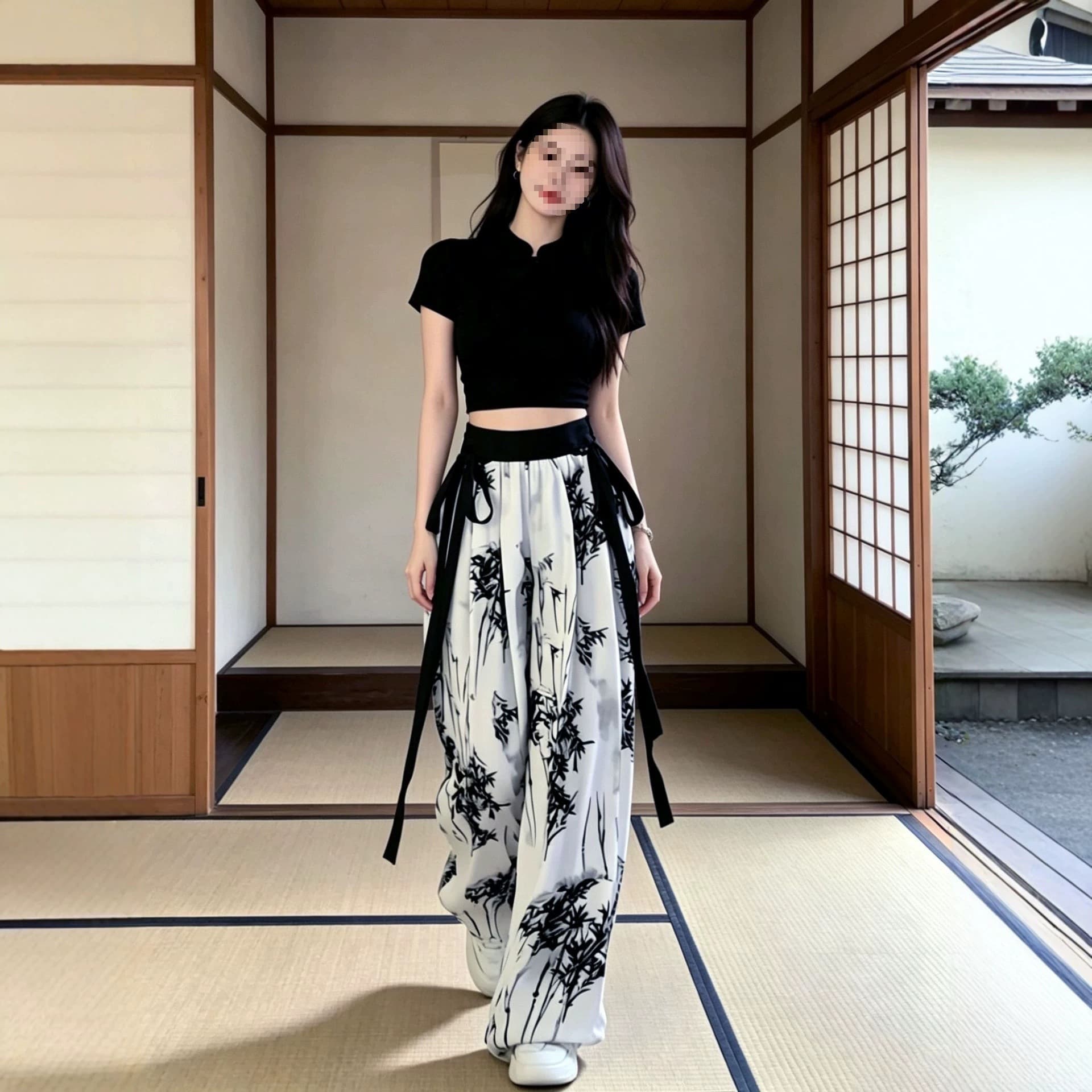 New Chinese Style Casual Artistic Girls' Summer New Ice Silk Dancing Ink Painting Wide-Leg Pants Tang Suit National Style Pants Children's Pants