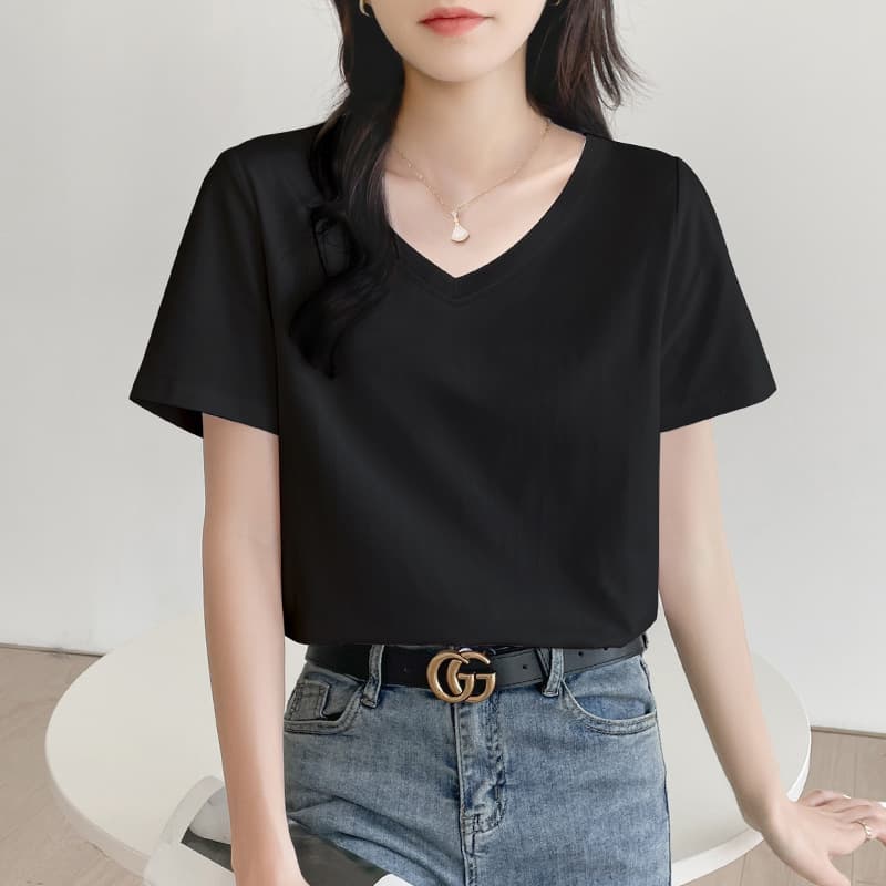 Black V-Neck T-Shirt for Women Short Sleeve Loose Straight Shoulder Top 2026 New Summer Sweetheart Neck Top Ins Fashion