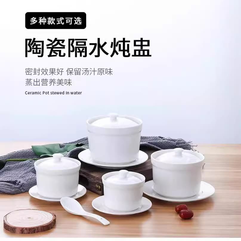 Hotel-specific ceramic double-boiling stew pots with lids for bird's nest, desserts, and egg steaming, customizable with logos