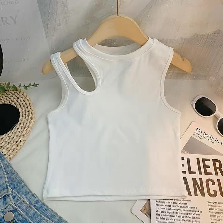 Girls Summer Fashionable Off-Shoulder Vest Korean Style Cotton Slim Fit Short Versatile Solid Color Top Children's Clothing