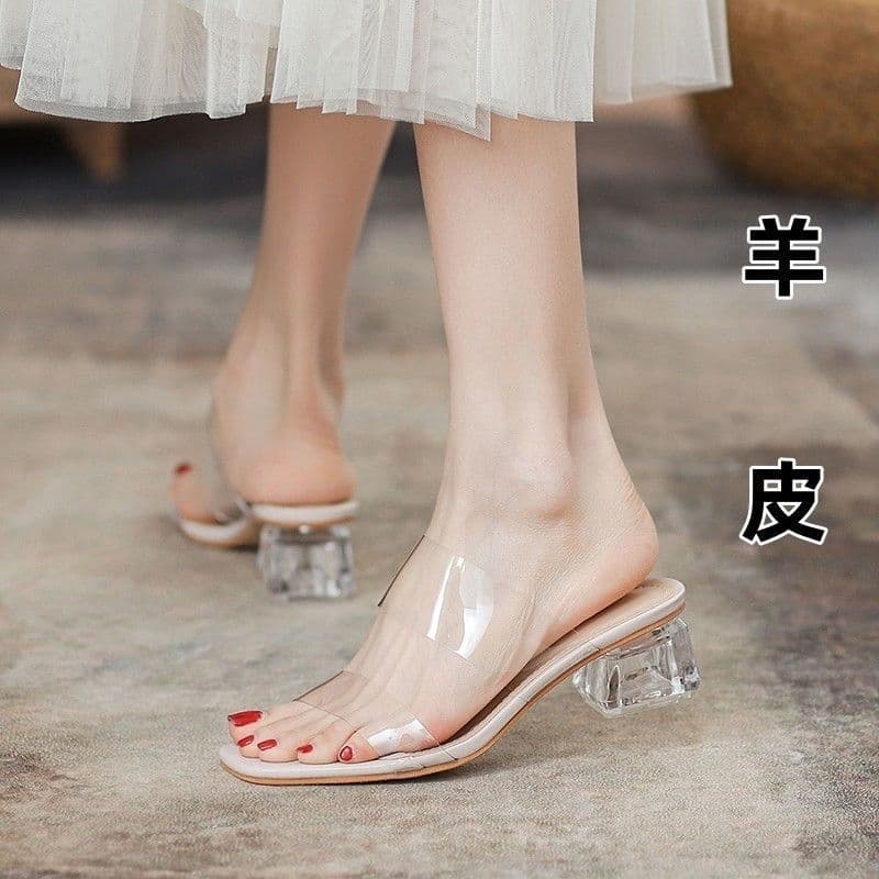 Dragonfly Genuine Leather Sandals Women New Summer Fashion Outdoor Slippers High Heels Crystal Heel Transparent Sandals