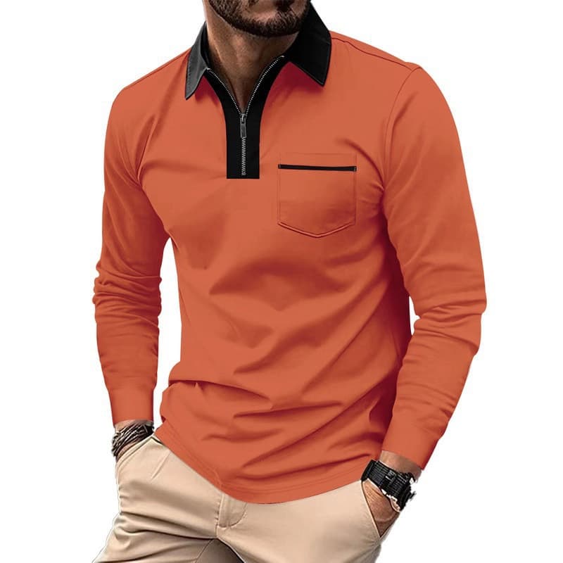 Cross-border Independent Station American Men's Spring/Autumn Long Sleeve European-American Lapel Fashion Slim Fit Contrast Pocket T-Shirt