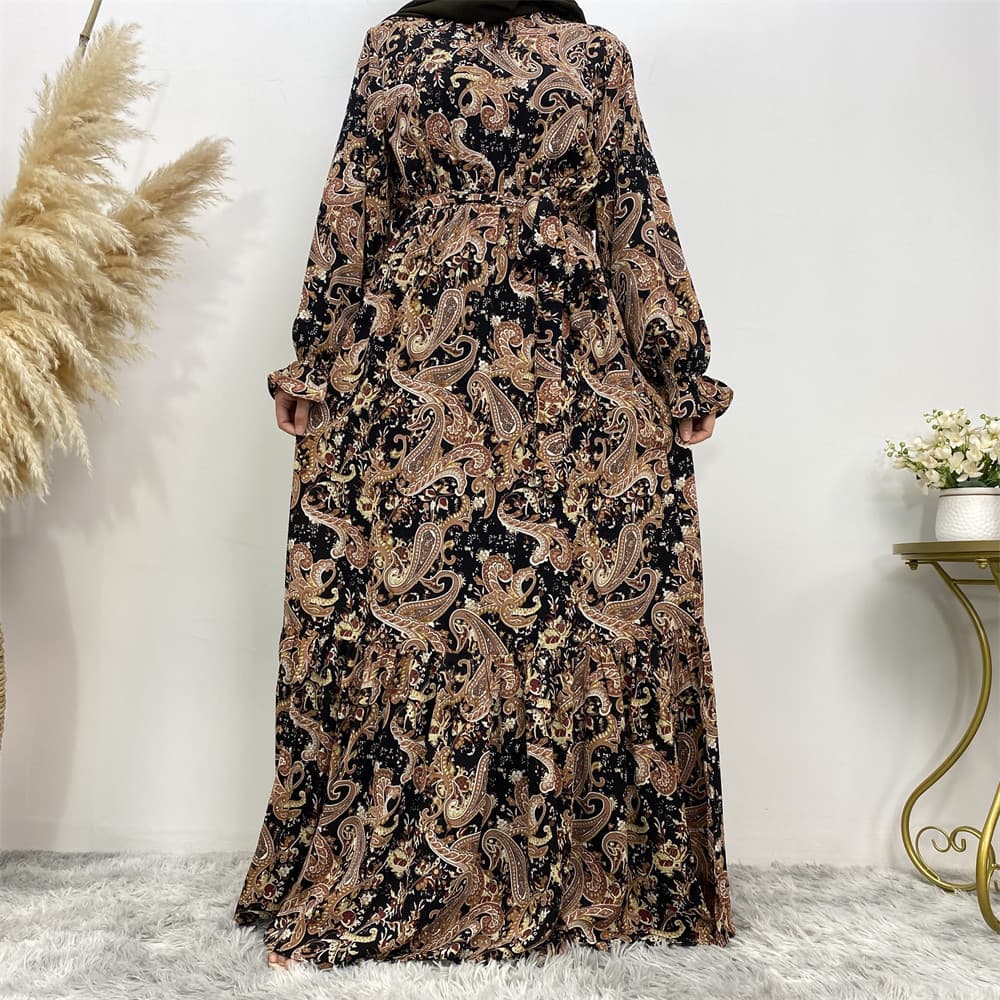 New Muslim Fashionable Printed Casual Long Dress Wide Hemline From Dubai Turkish Dress 6373 For Women Top