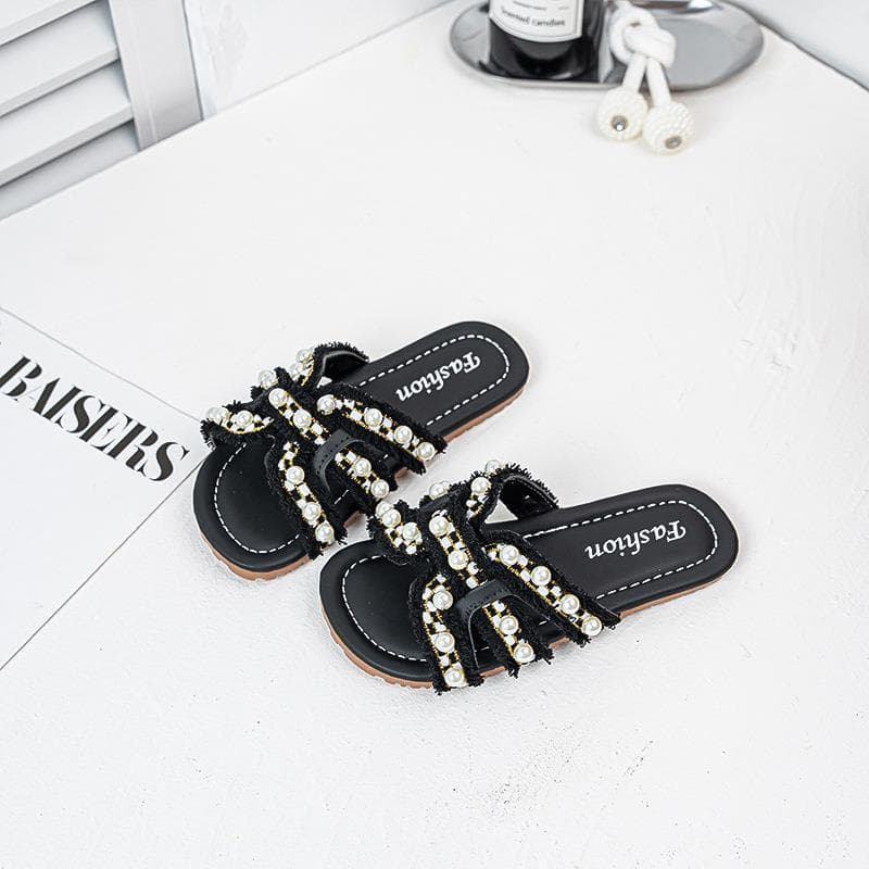 Girls' Summer Sandals 2026 Children's Shoes Export Fashion Princess Slippers with Rhinestones and Pearls Soft Non-Slip Flat Sole