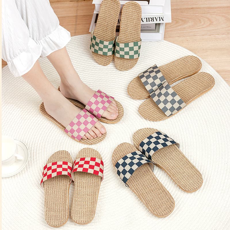 Women's and Couple's Linen Slippers, Indoor Slippers, EVA One-Strap Grid Pattern, Elevated Sole, Home Slippers