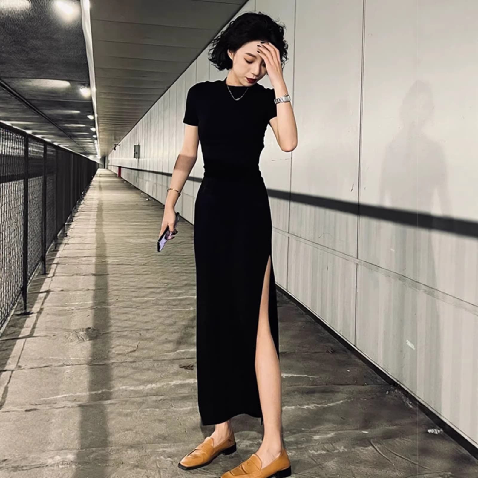 Black Dress for Women, Summer Short Sleeve Elegant Slit Long Dress, 2026 New Waist-Tightening Pleated Slim Fit Dress