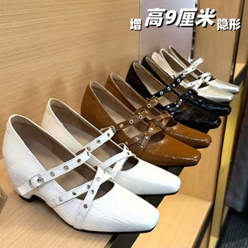 French-Style Square-Toe Chunky Heel Mary Jane Shoes for Women, New Spring/Summer Model with Single Strap, Shallow Opening, and Hidden Height Increase, High Heels