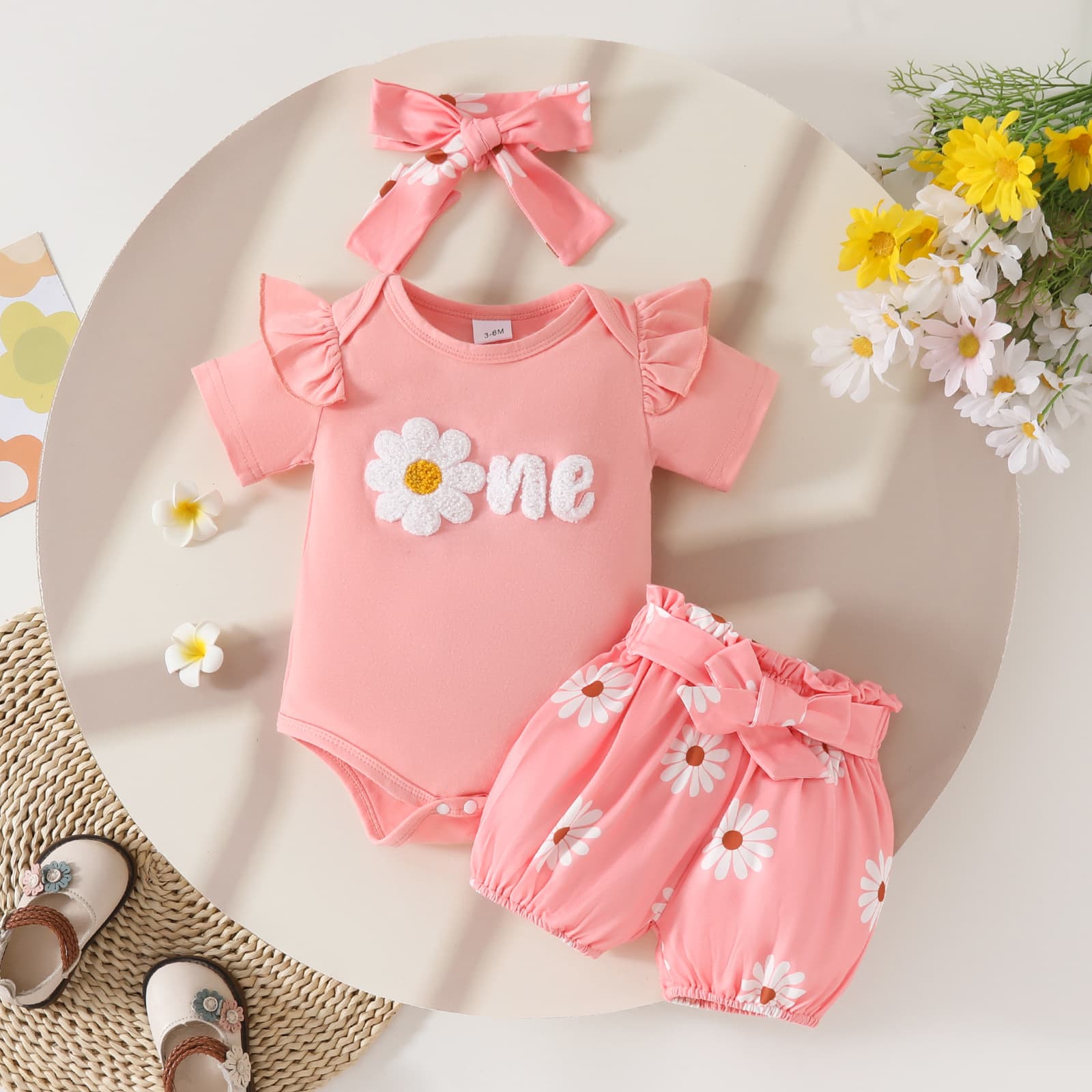 European and American Summer Baby Short Sleeve Romper and Shorts Set, Towel Embroidery Letter Triangle Bodysuit, Tie-Up Flower Shorts