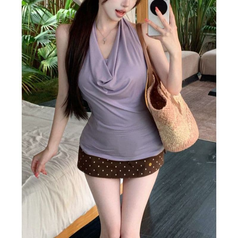 Cross-border Wholesale Swing Collar Sleeveless Halter Vest Korean Style Simple Solid Color Top Women's Summer Vacation Style Hot Girl Top