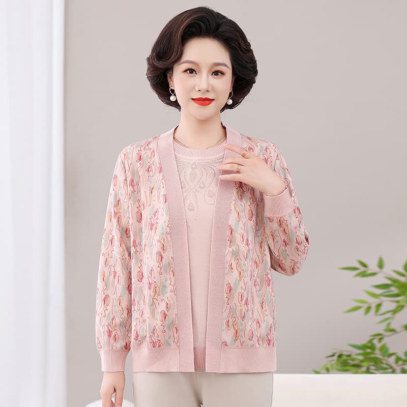 Autumn new mother-in-law two-piece loose casual women's cardigan top middle-aged and elderly mother-in-law bottoming shirt set