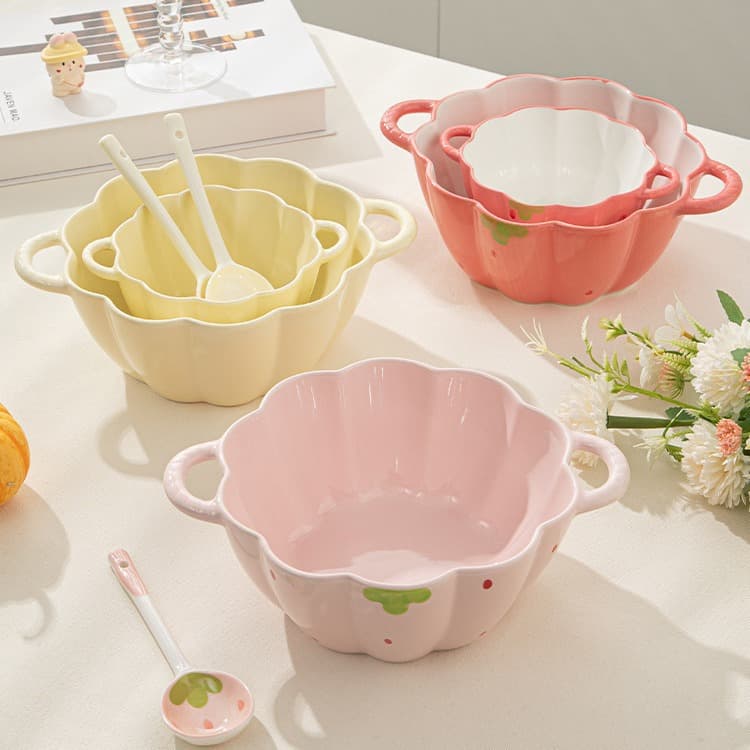 Cute High-Quality Ceramic Tableware Bowl Set with Double Handles, Large Noodle Bowl for Home Use, Soup Bowl with Spoon and Chopsticks