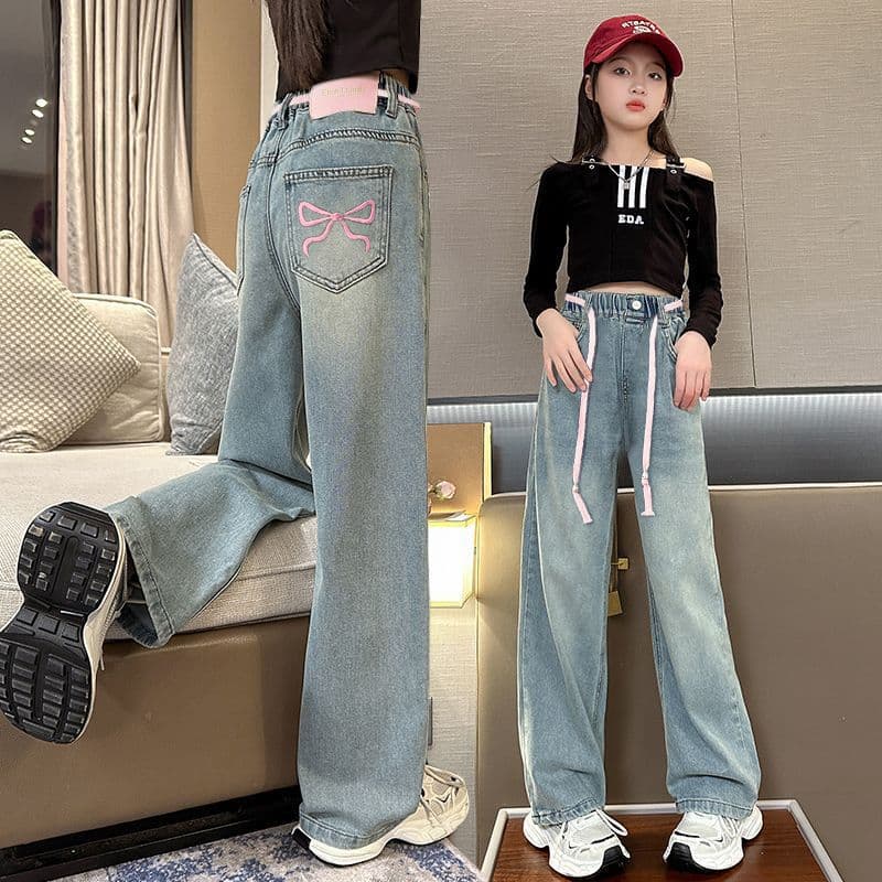 Girls' Jeans 2025 Spring New Arrival, Loose Wide-Leg Pants for Older and Middle Children, Casual Straight-Leg Trousers, Thin Fabric