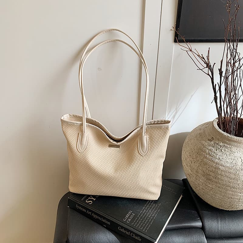 Casual Commute Tote Bag Fashionable Large Capacity Handbag Solid Color Textured Simple PU Shoulder Bag Handbag