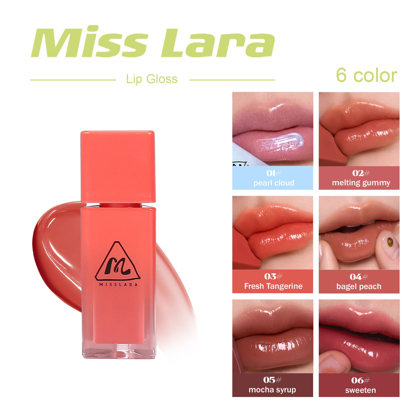 Cross-border makeup Miss Lara 6-color lip glaze water-gloss glass mirror square red lid light and translucent jelly lip gloss