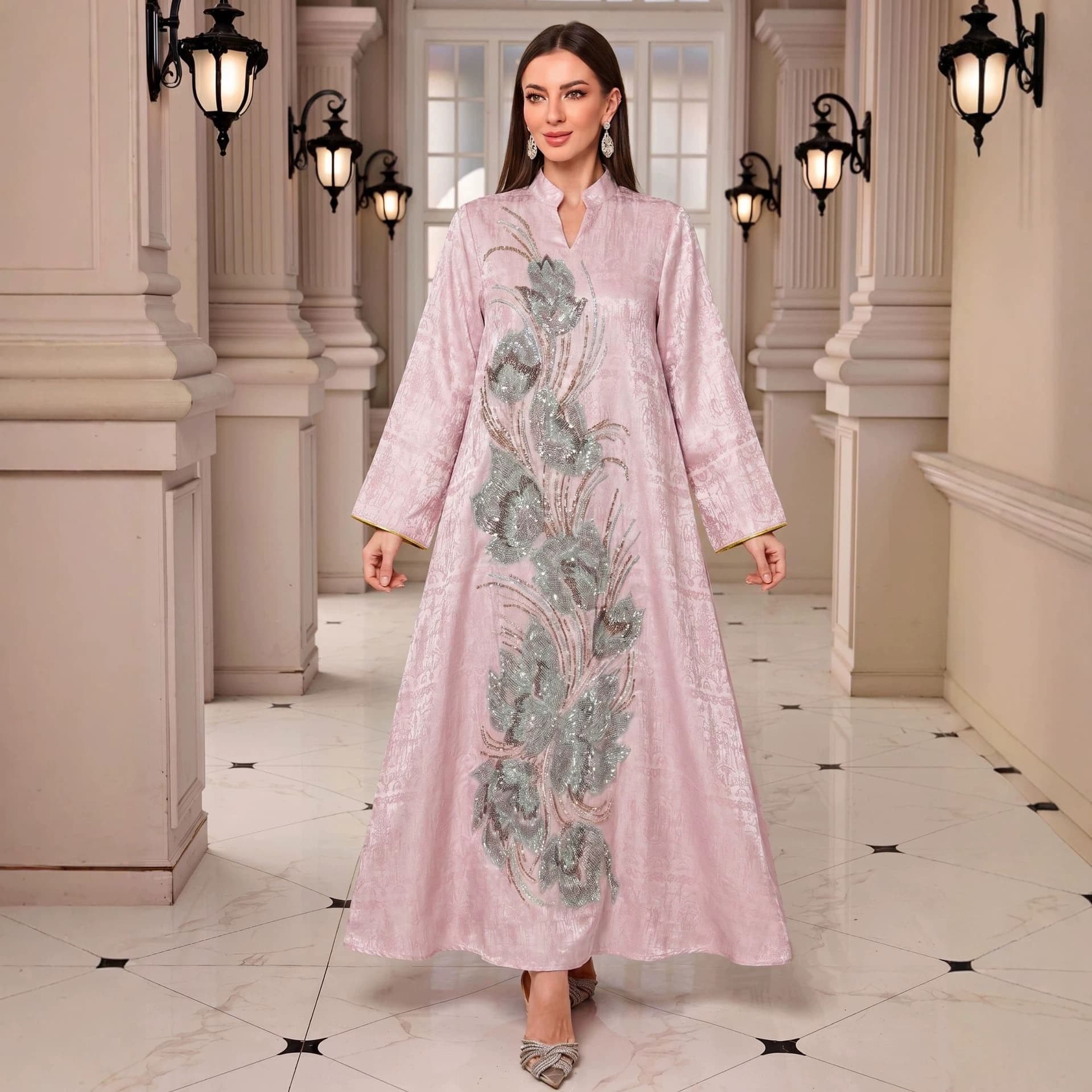 Cross-border new foreign trade dark pattern drape satin three-dimensional lotus sequin embroidery loose and slim dress