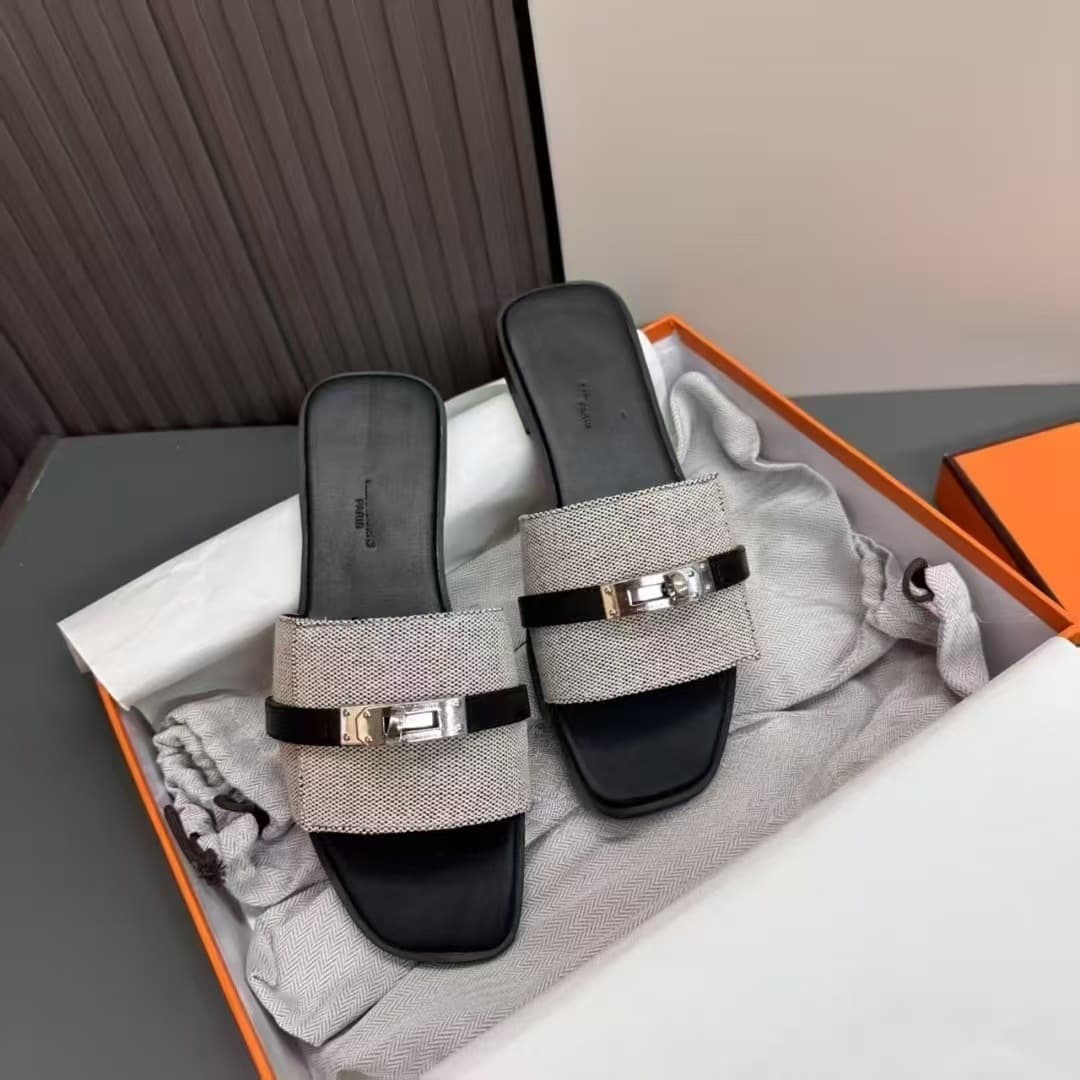 H Brand Small Silver Buckle High Version Flat Fashion Women's Slippers Cross-Border Trade Factory Direct Sales Bulk Negotiable