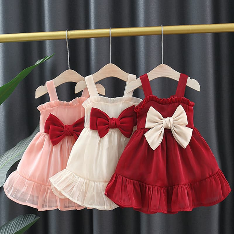 2023 Summer New Baby Girl Twilight Gauze Spaghetti Strap Dress Bow Lace Formal Dress Foreign Trade Ins Children's Skirt Trendy