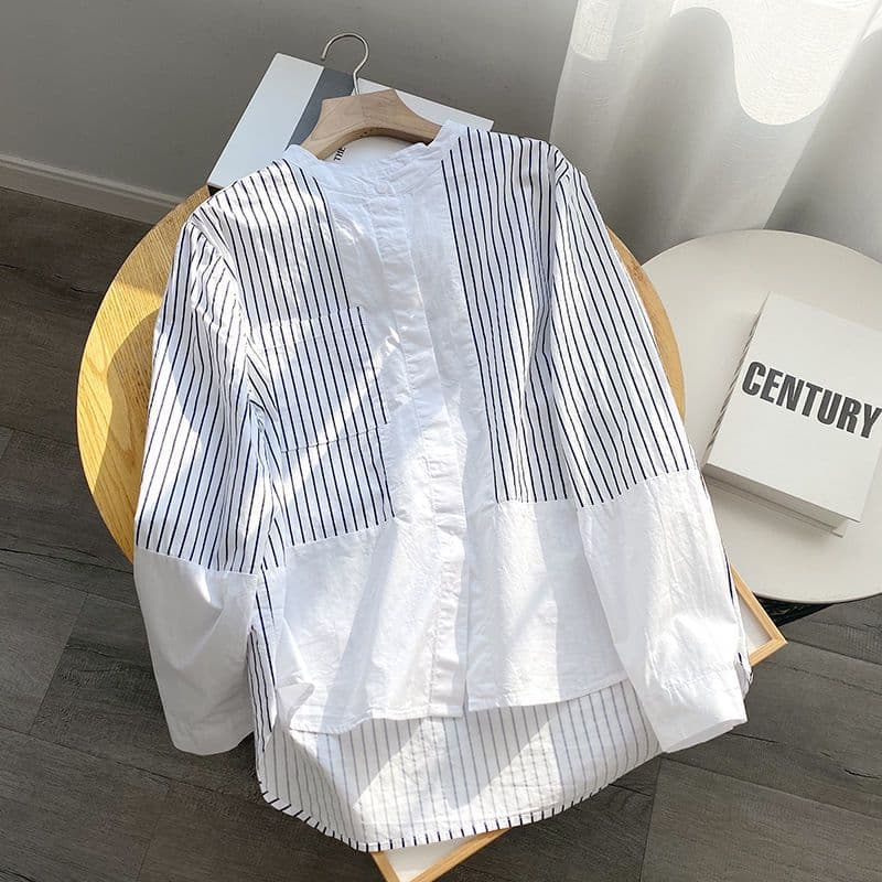 Cotton Age-Defying Slimming Small Stand Collar Striped Shirt Early Autumn Spring New Striped Panel Blouse Top for Women