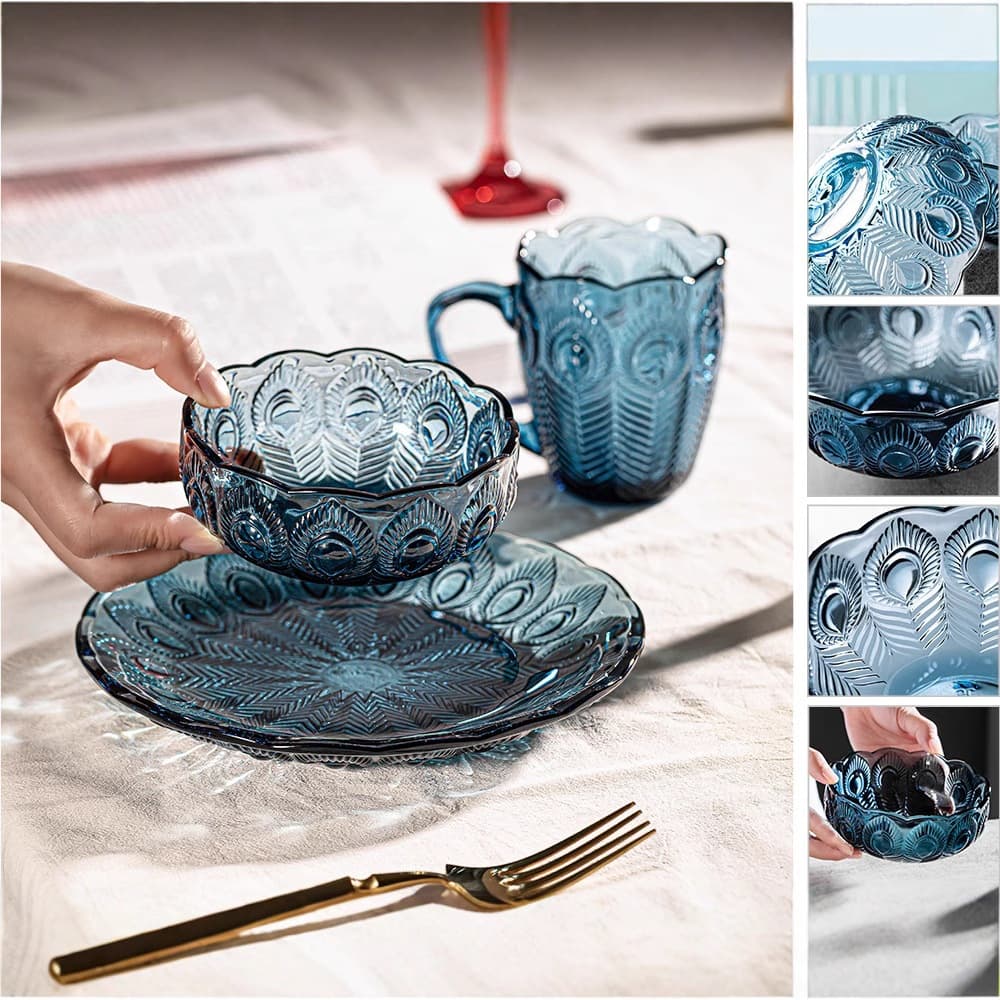 KQWPB/L3 Dark Blue Peacock Bowl, Plate and Cup Three-piece Set Creative Glass Tableware Member Welfare Gift