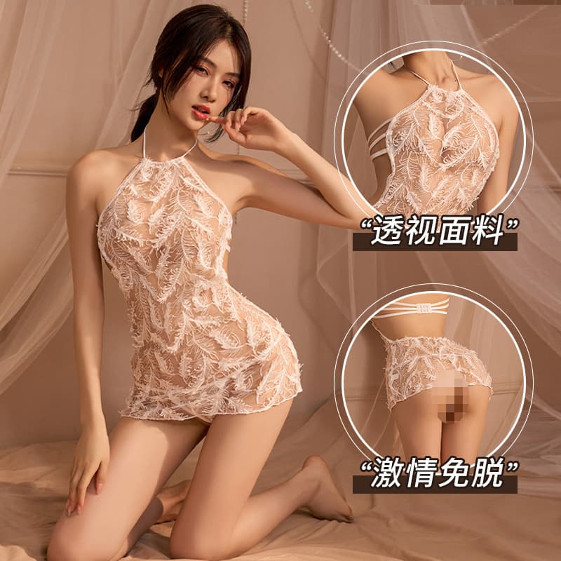 Sexy Lingerie for Women Embroidered Transparent Lace Halter Backless Fairy Nightgown See-through Set Tight Fit Drop Shipping