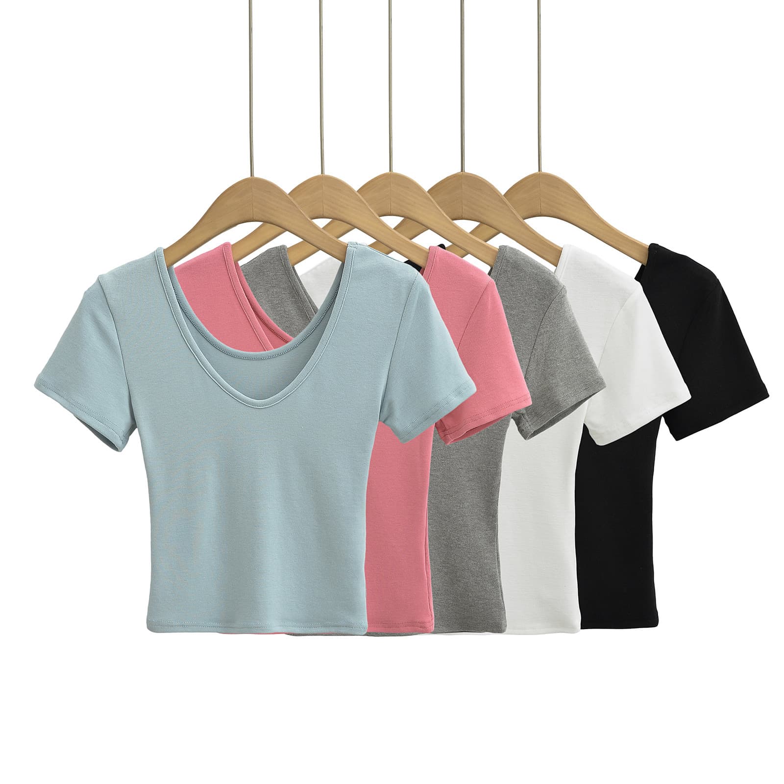 FS447-24 Spring New Arrival European and American Style INS Blogger Soft V-Neck Short Sleeve Fitted Base T-Shirt