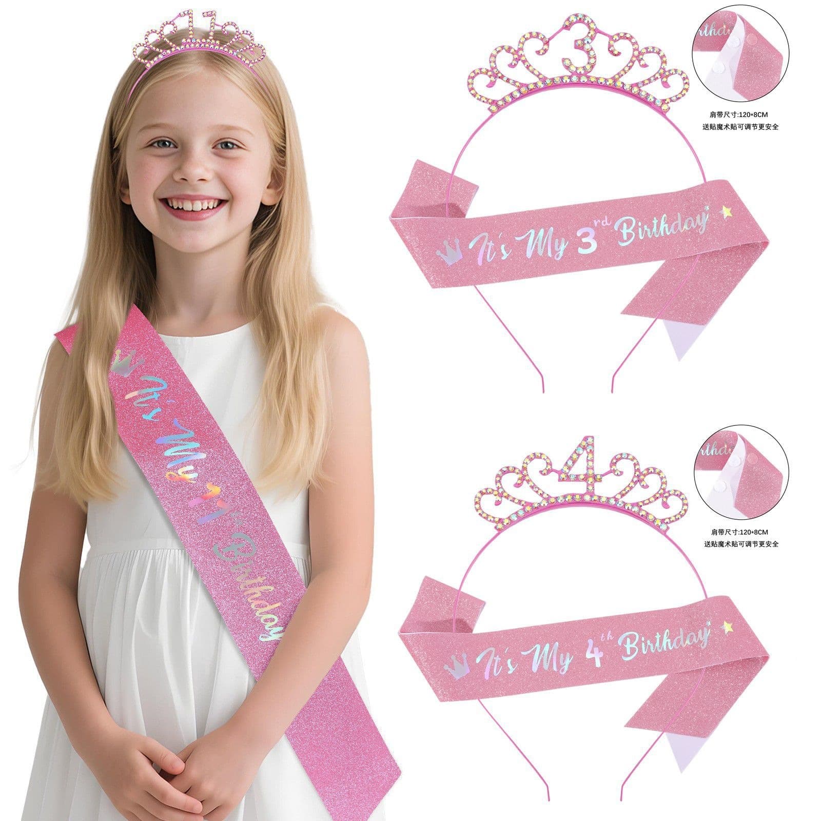 Cross-border Birthday Girl Pink Headband and Sash 2-Piece Set for Ages 5/6/7/8/9 Party Tiara Ribbon Accessories