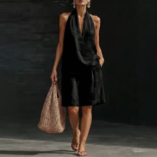 2026 Spring/Summer European and American Style Cotton Linen Set Women V-Neck Sleeveless Vest Shorts Loose Casual Solid Color Two-Piece Set