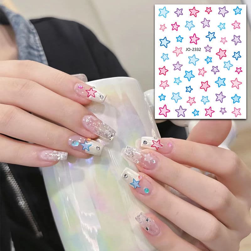 Xiaohongshu Hot-Selling Colorful Star Nail Art Stickers Wholesale Red Blue Five-Pointed Star Heart Adhesive Nail Decals