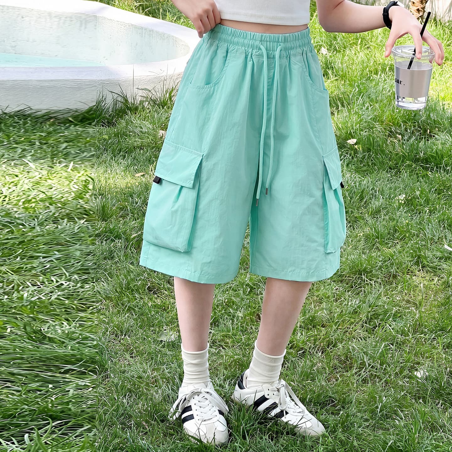 Girls' Summer Thin Shorts, Knee-Length Cargo Pants for Big Girls, 12-Year-Old Middle School Students, Mid-Length Pants