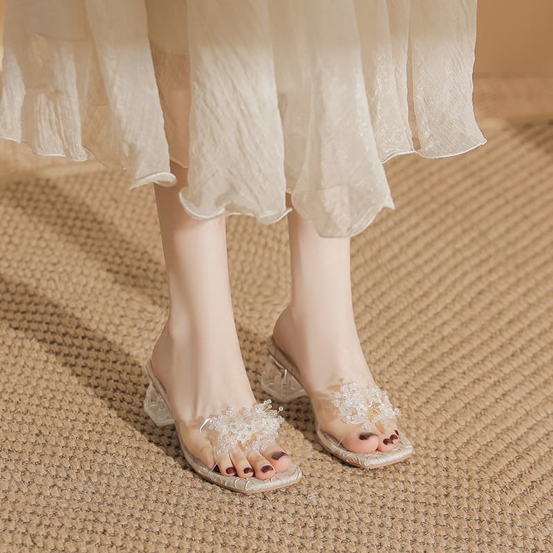 55-22L30 medium high heel women's shoes 2025 new spring and summer thick heel crystal heel sandals and slippers fashionable medium heel pleated