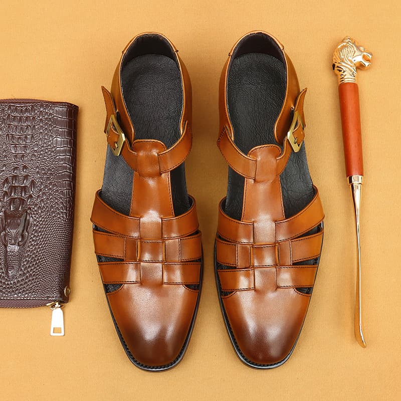 Retro Roman Style Men's Sandals Top Layer Cowhide Casual Shoes Breathable Slip-On Business Casual Wear Leather Slippers