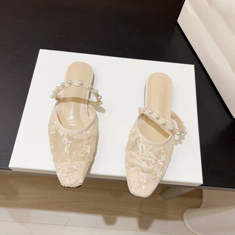 French Style Mesh Bow Flat Sandals for Women Summer 2026 Fashion Low Heel Pearl Decor Slippers
